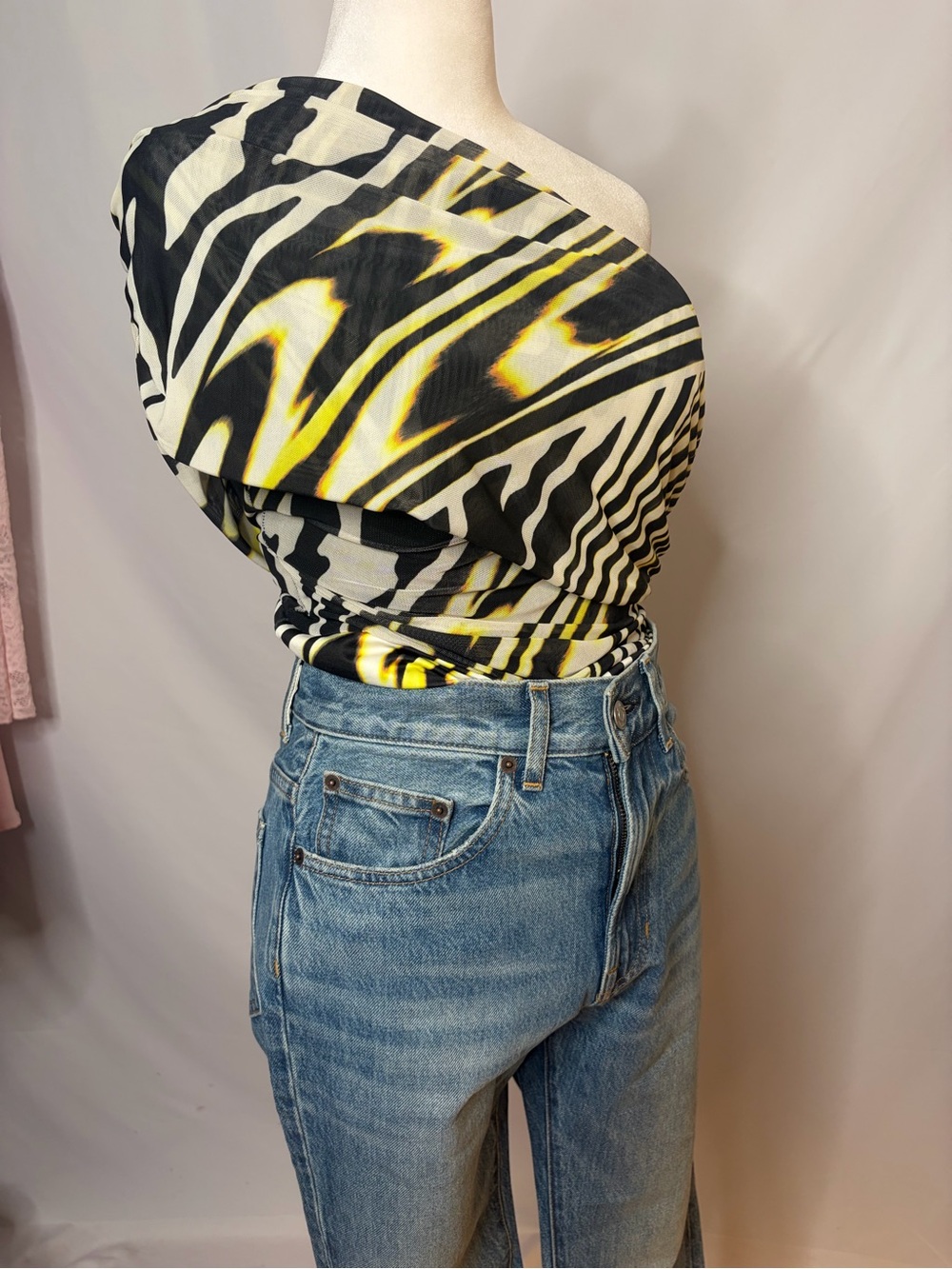 AFRM One-Shoulder Zebra-Print Bodysuit in Black & Yellow